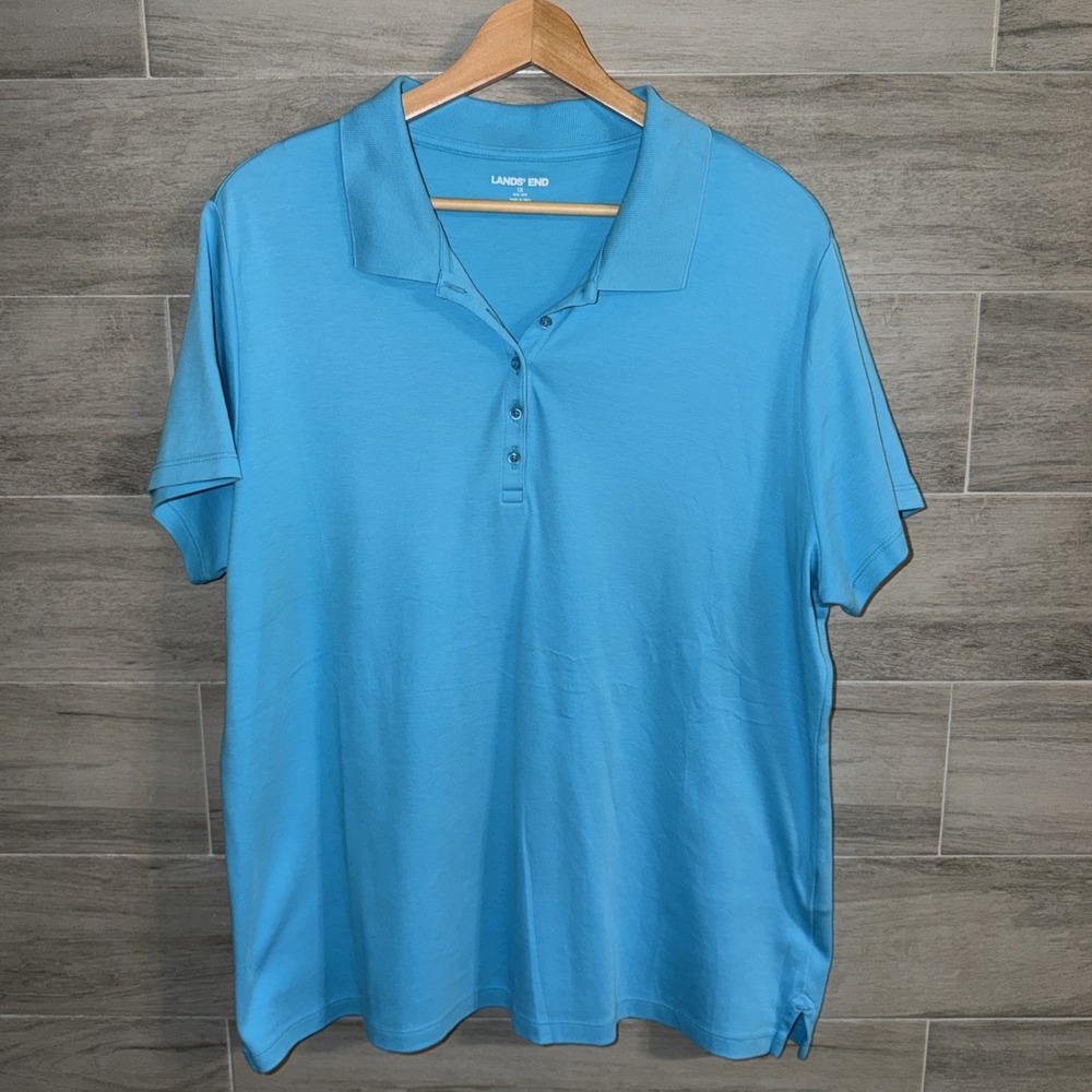 Lands' End Woman's 1X 16-18W Short Sleeve Polo Shirt Aqua Blue EUC